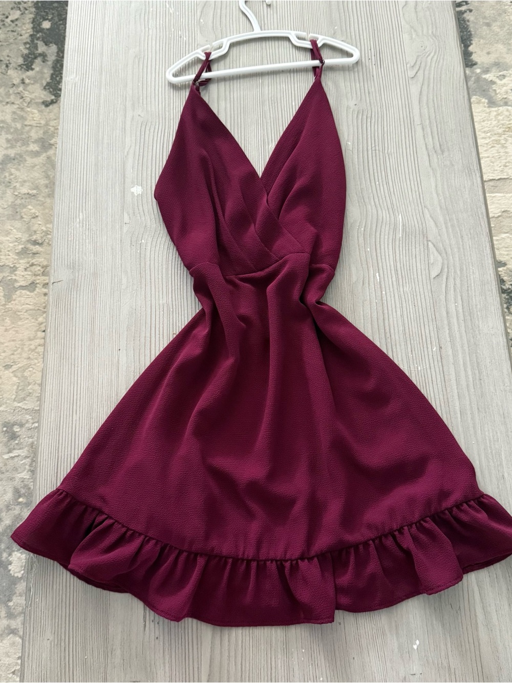 mahina Burgundy Sleeveless V-Neck Ruffle-Hem Mini Dress